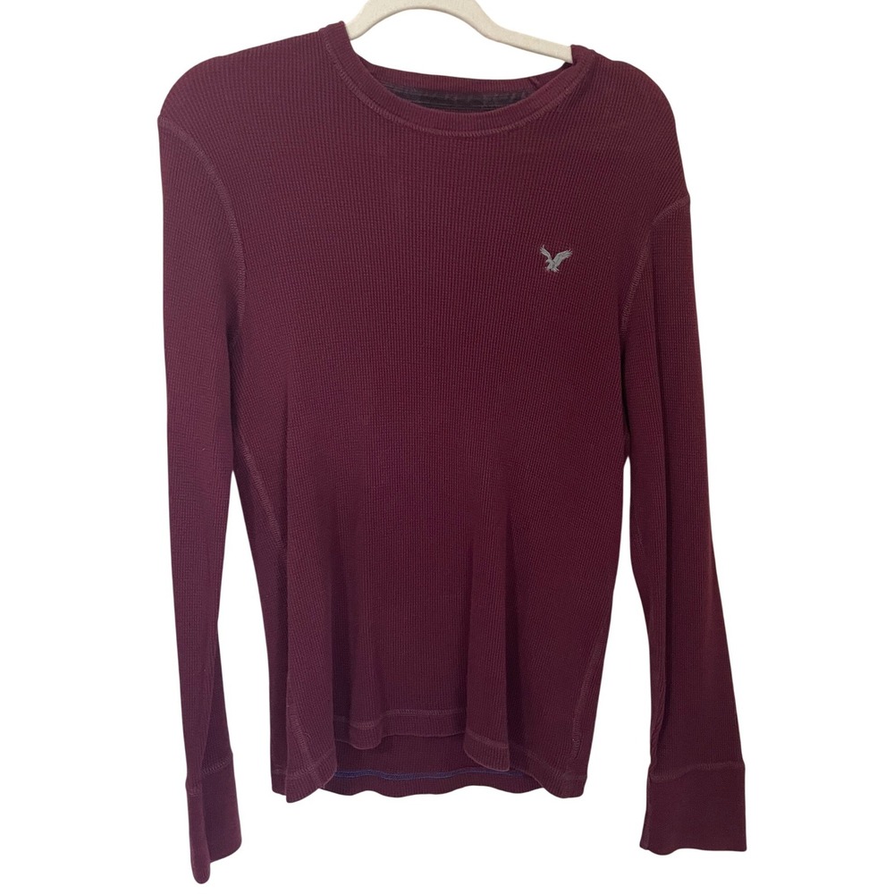 American Eagle Y2K Size M Burgundy Waffle Knit Thermal Long Sleeve Shirt Logo